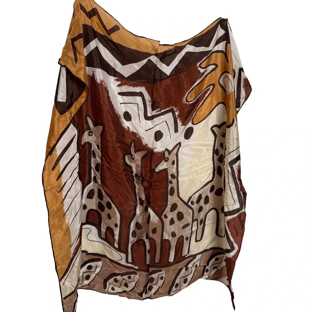 Vintage Giraffe Print Silk Scarf Brown Tan Safari Art Deco Boho Eclectic Artsy